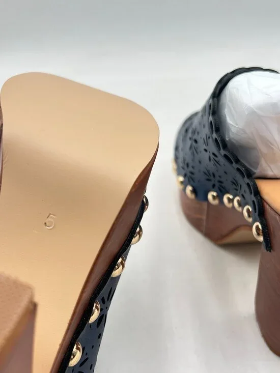 FOWT Blue Studded Round Toe Floral Cut Out Platform Mules Chunky Heel Sandals - Picture 6 of 8